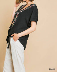 Umgee - Floral Embroidered Waffle Knit Top