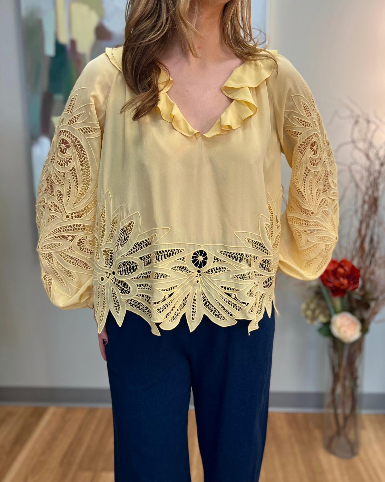 Ulla Johnson - Adonis Long Sleeve Silk Applique Blouse
