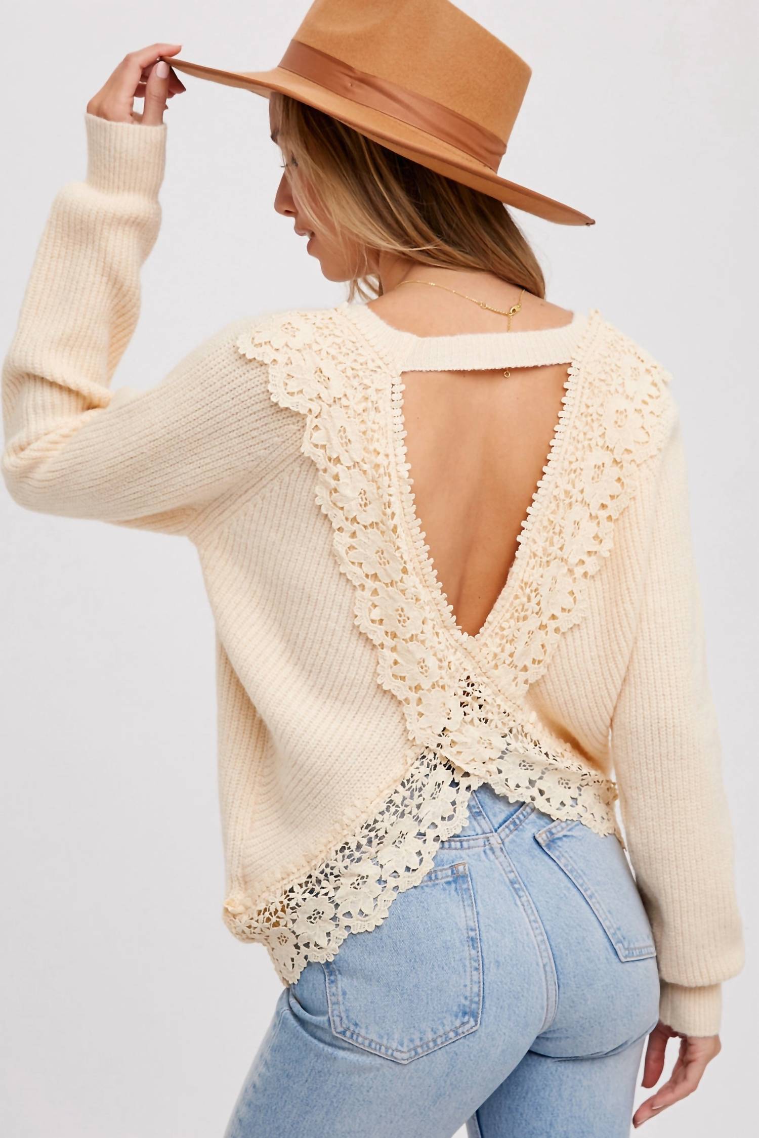 Bluivy - Crochet Lace Open Back Pullover Sweater