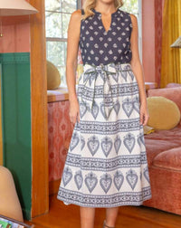 voy Mixed Print Waist Tie Sleeveless Midi Dress in navy - women's dress
