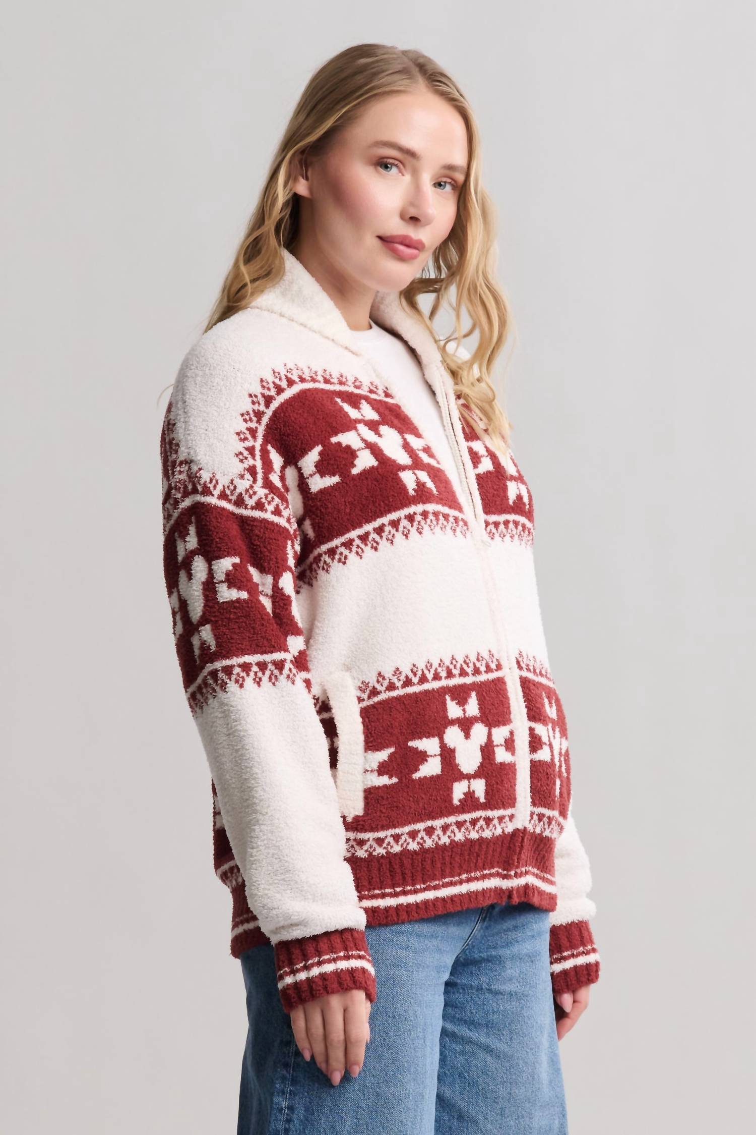 BAREFOOT DREAMS Unisex CozyChic Disney Mickey Fair Isle Sweater in white and red - women's top - alternate view