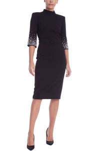 Badgley Mischka - Mock Neck Quarter Sleeve Crepe Silhouette Dress