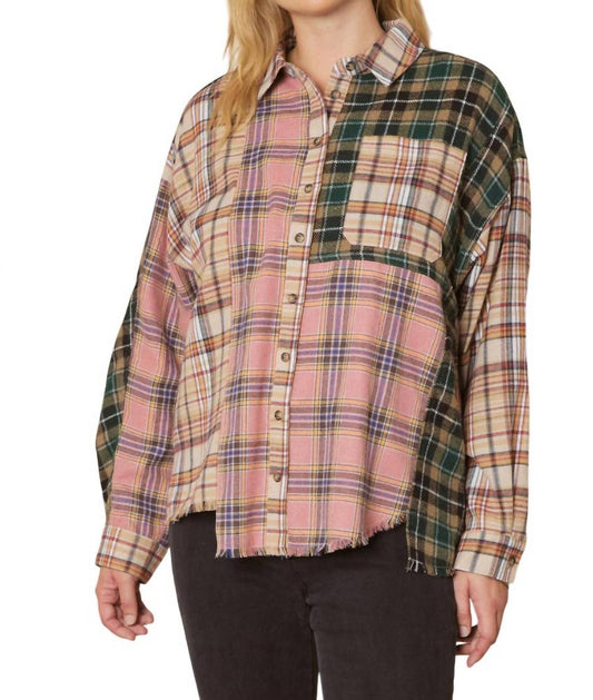 Entro - Color Block Plaid Flannel Top