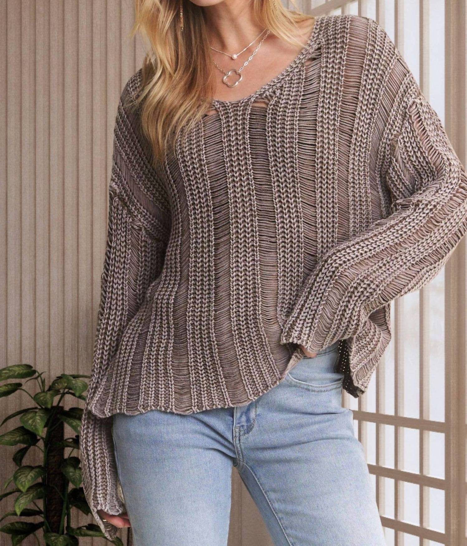 ADORA Mineral Wash Loose Knit Pullover Sweater in mocha - women's sweater