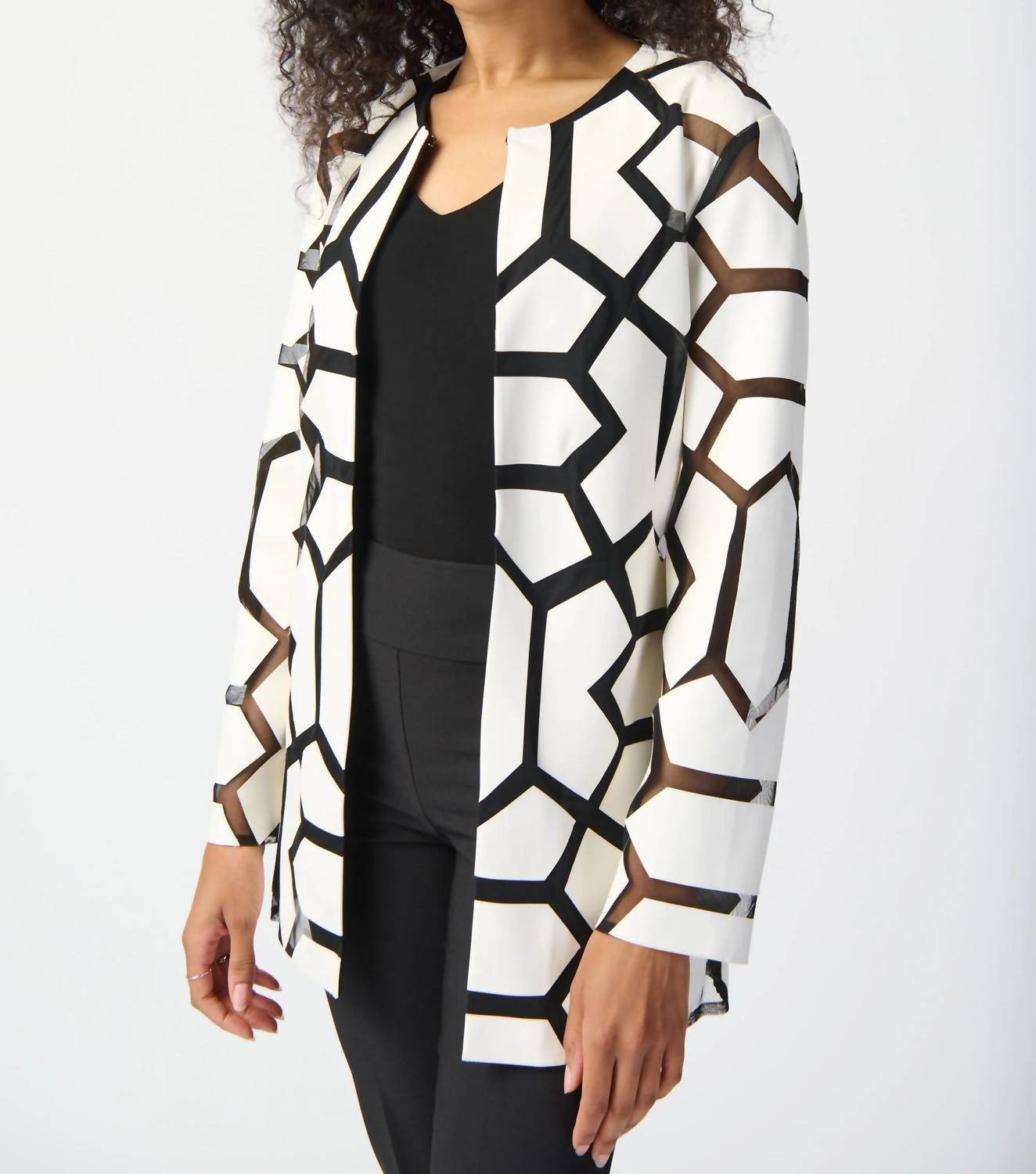 Joseph Ribkoff - Faux Leather Geometric Laser Cutout Long Sleeve Jacket
