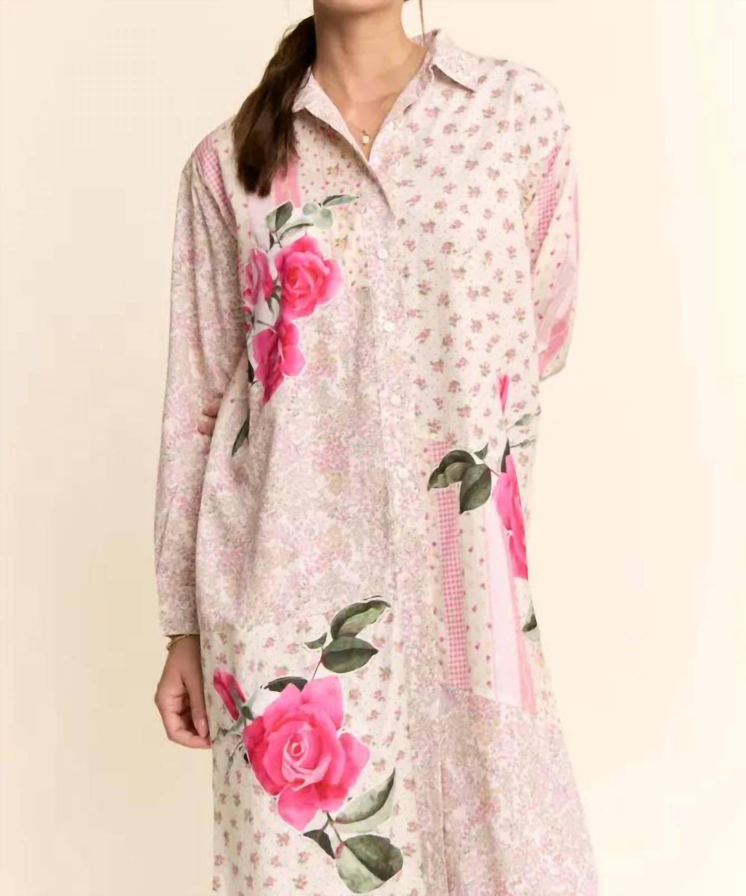 Davi & Dani - Women's Printed Flower Patched Maxi Duster Shirt Top