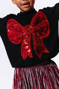 Lola + The Boys Big Bow Sweater in black - kids' sweater - detail view