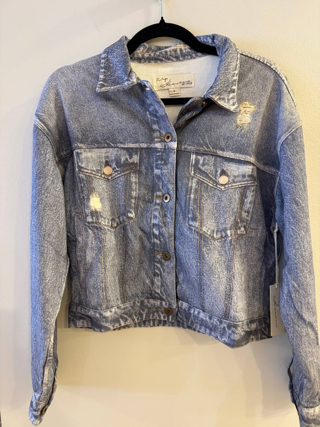 Vintage Havana - French Terry Printed Crop Denim Jacket