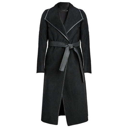 T Tahari - Juliette Double Face Faux Leather Trim Belted  Wool Coat Black