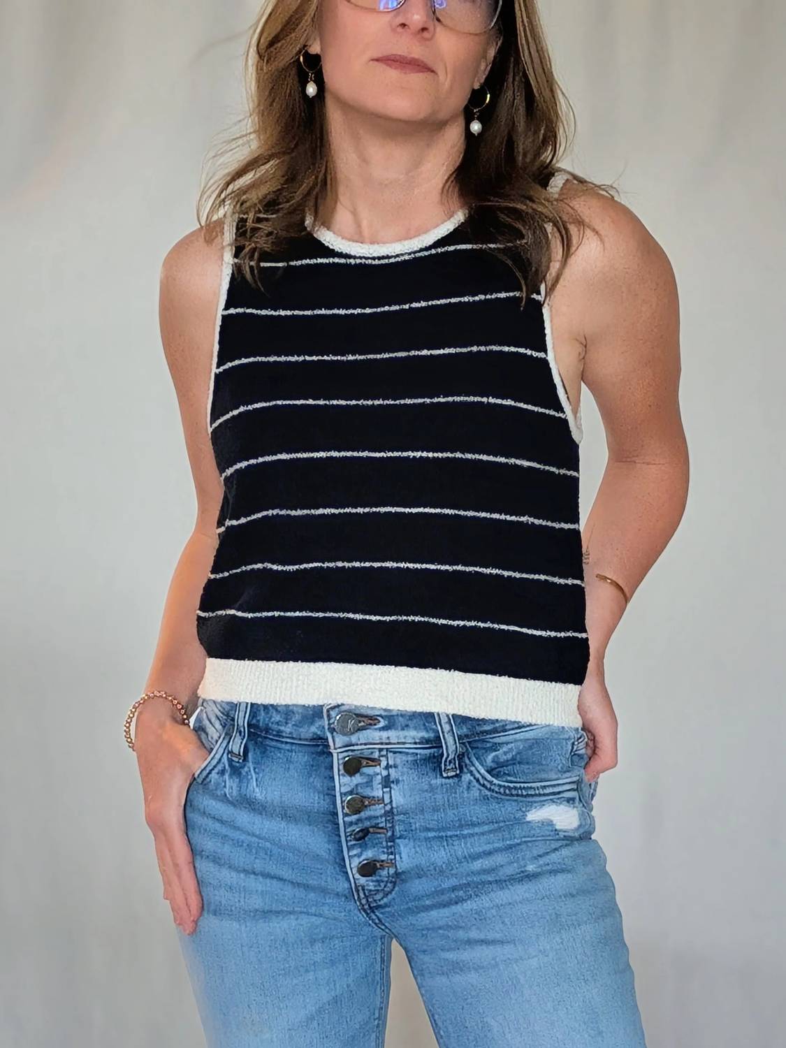 Miou Muse - SHORT SLEEVE WIDE PINSTRIPED KNITTED TOP