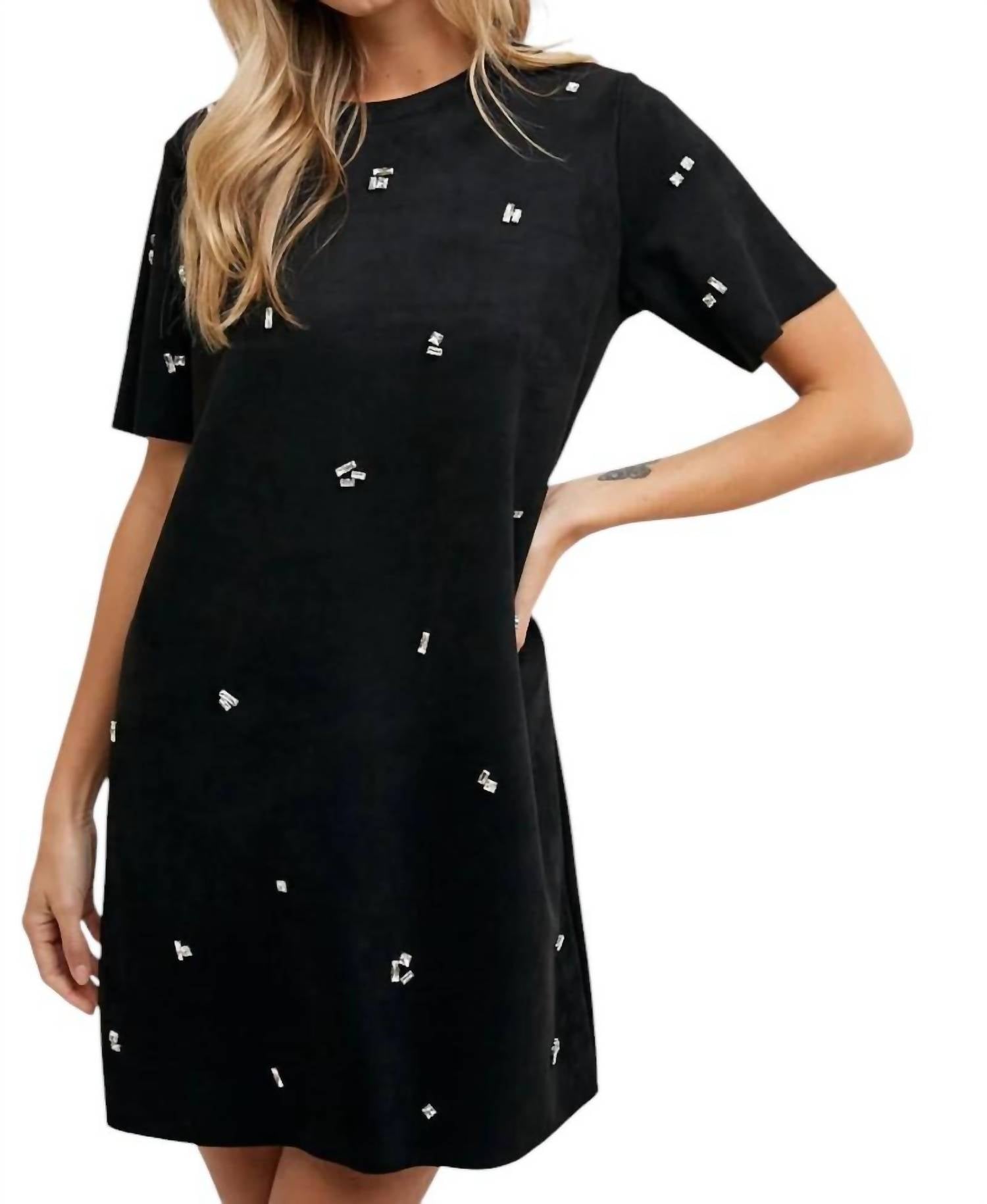 Bluivy - Elle Rhinestone Embellished Suede Shift Mini Dress