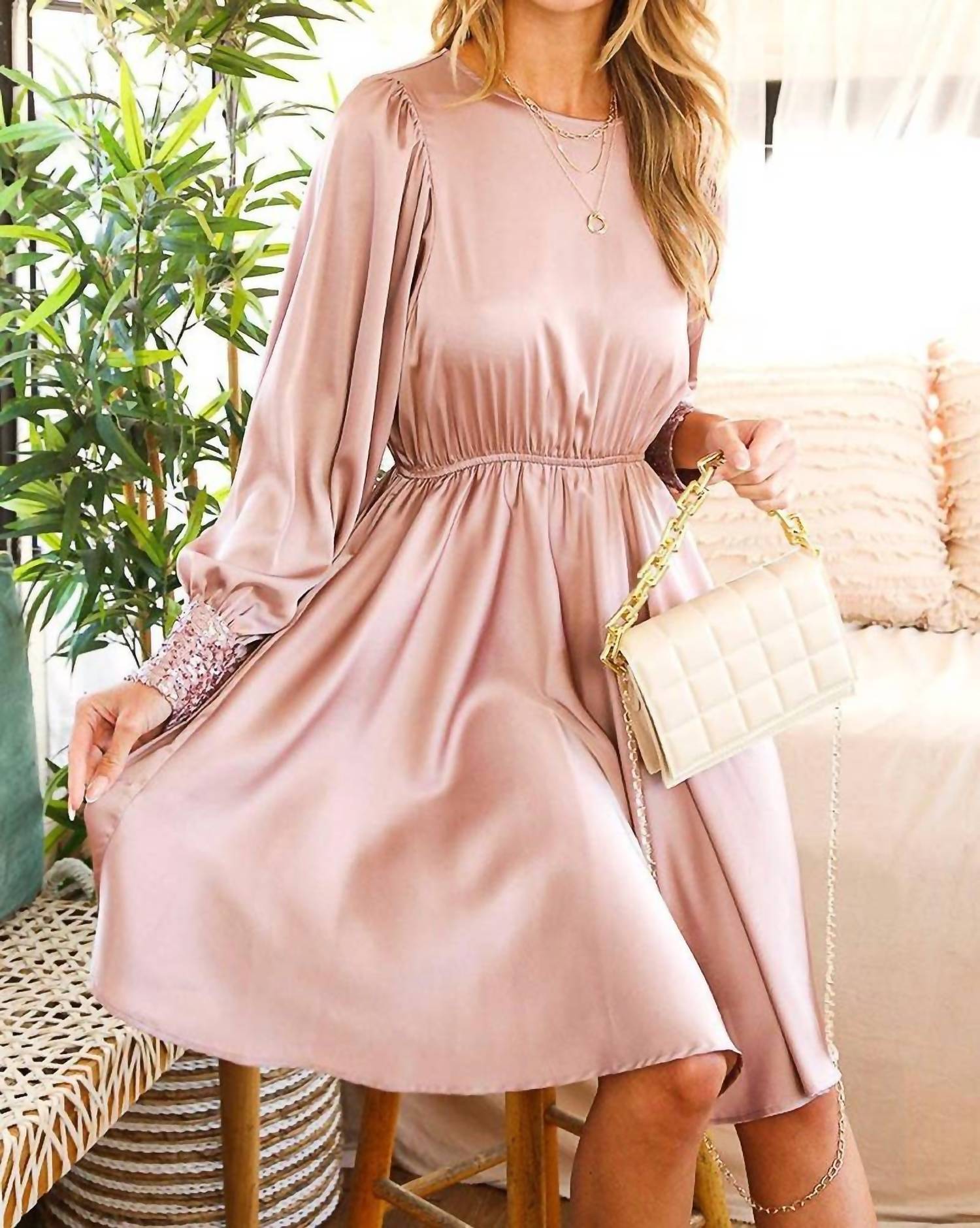 Vine & Love - Elsa Satin Long Sleeve Midi Dress