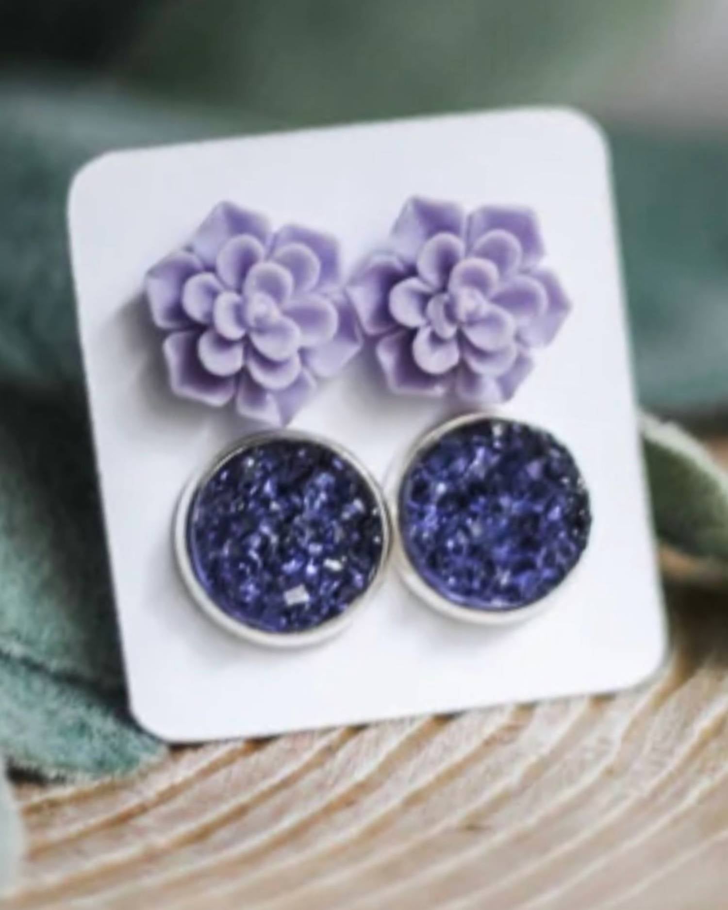 Urban Gemms - Women's Succulent & Druzy Earring Set