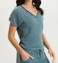 XCVI Bower Gauze V-neck Top in deep teal acid wash - women's t-shirt - detail view
