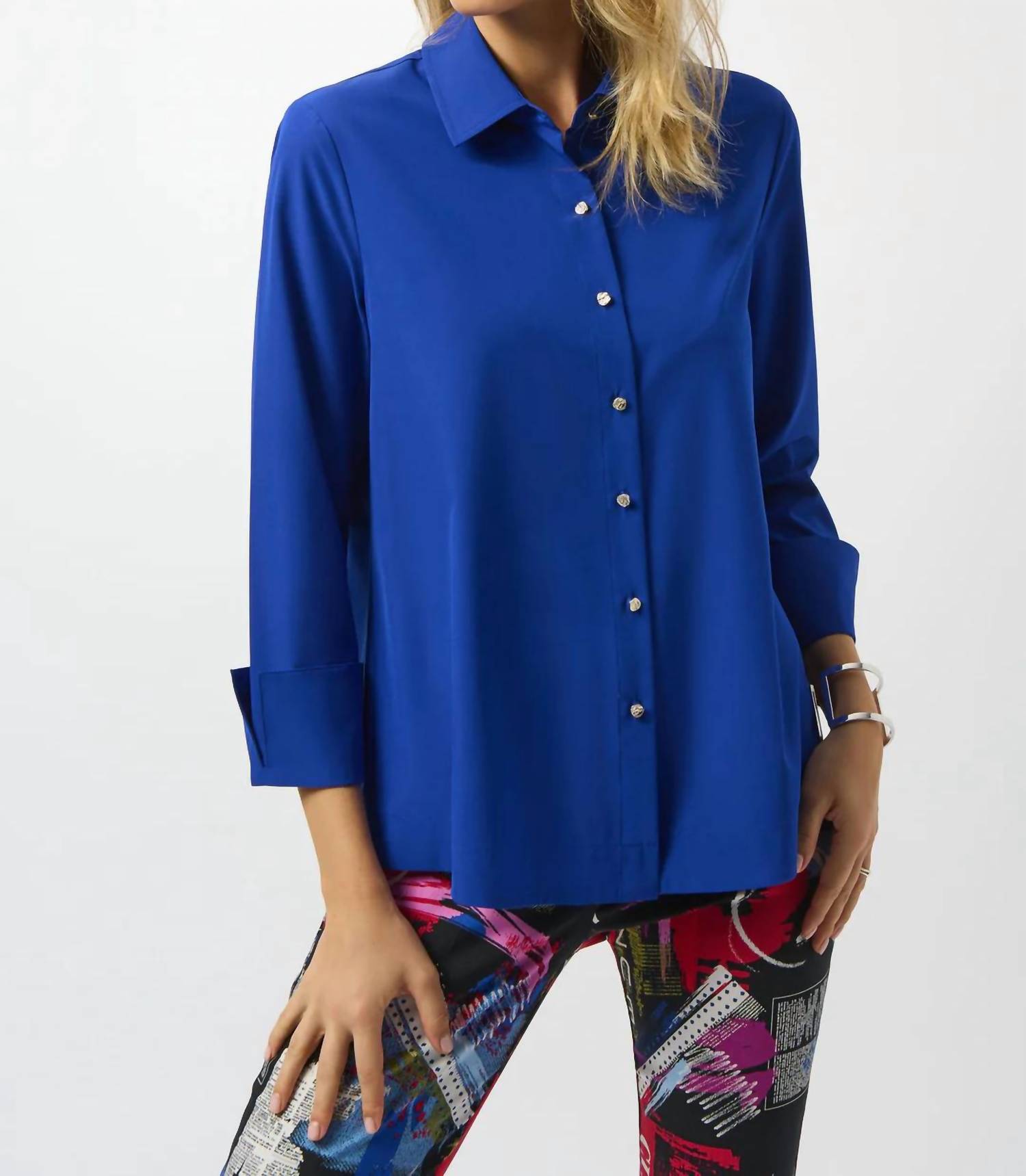 Joseph Ribkoff - Poplin Button-front Back Slit Sleeves Top
