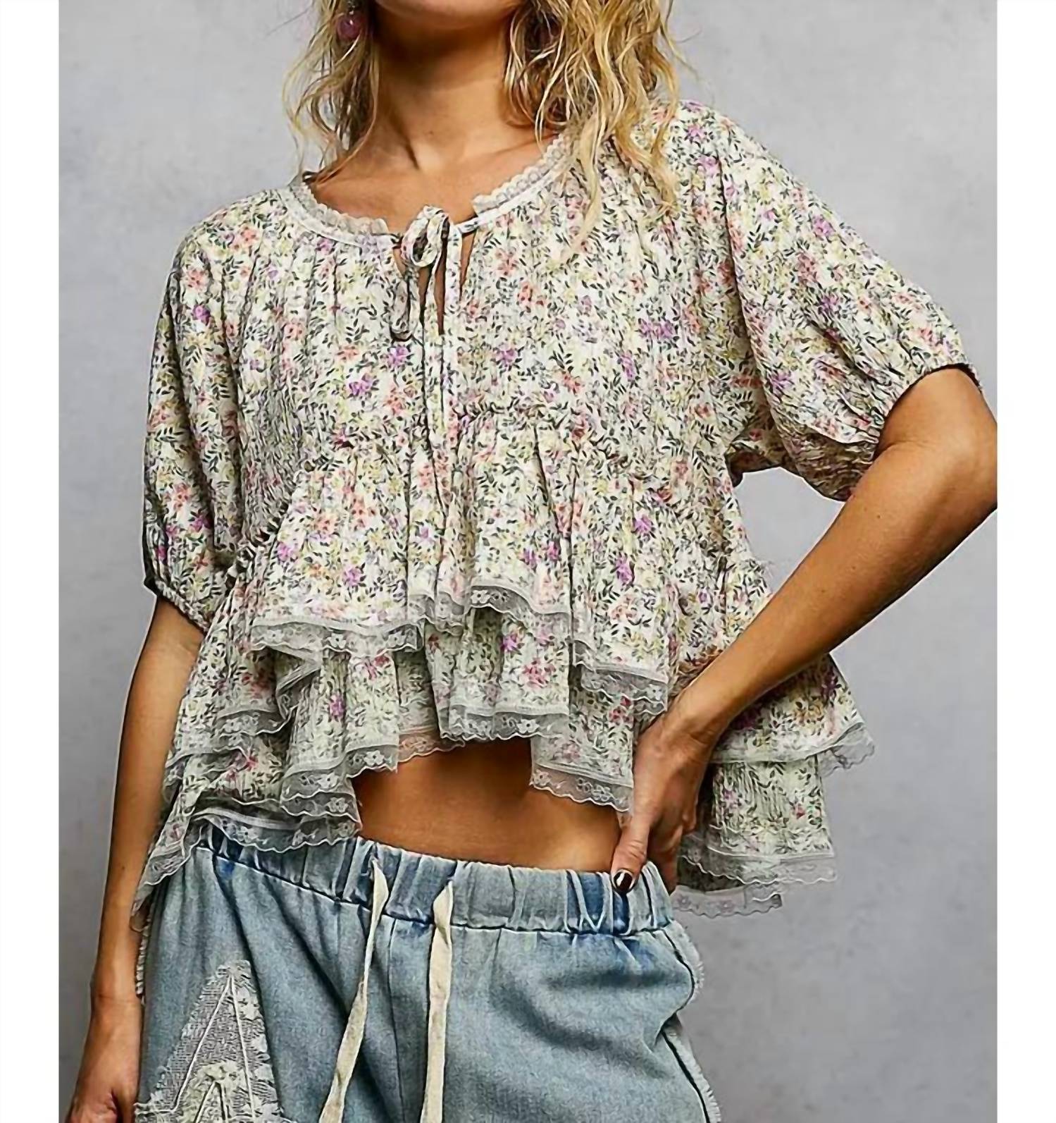 Pol - Neck Loop Floral Ruffle Top