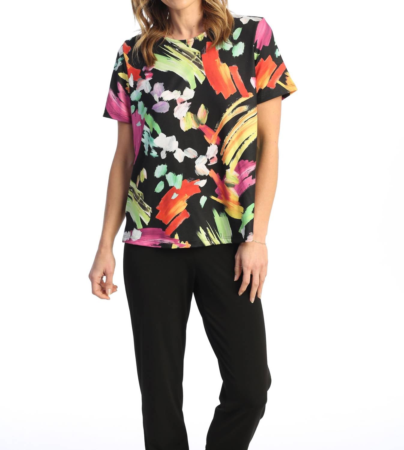 Jess & Jane Blossom Short Sleeve Top in black mix - women's t-shirt