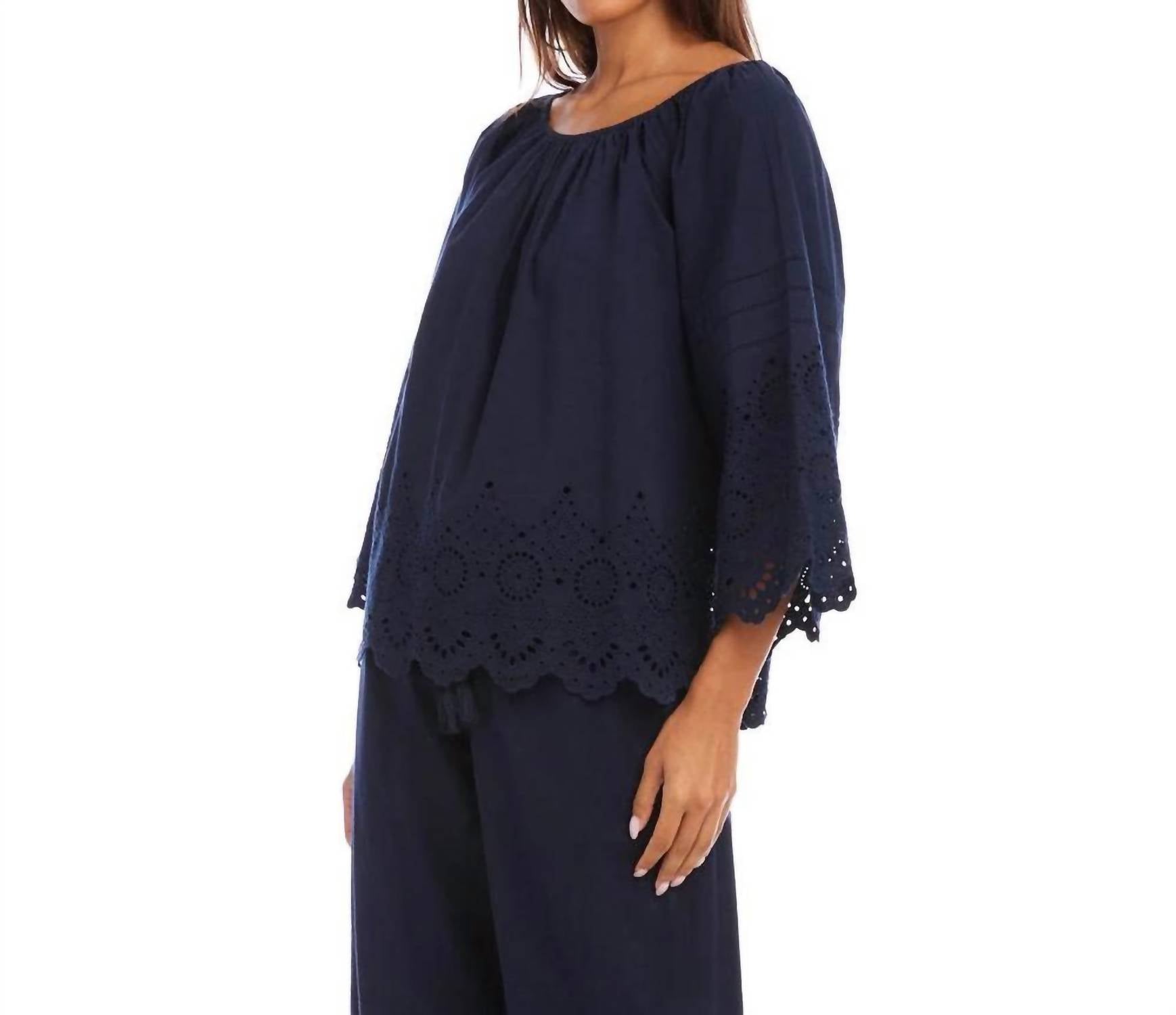 Karen Kane - Flare Sleeve Embroidered Scallop Edge Peasant Top