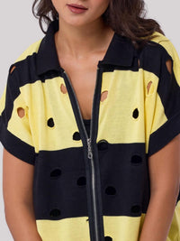 Angel Apparel - Stripe & Cut Out Knit Zip Up Top