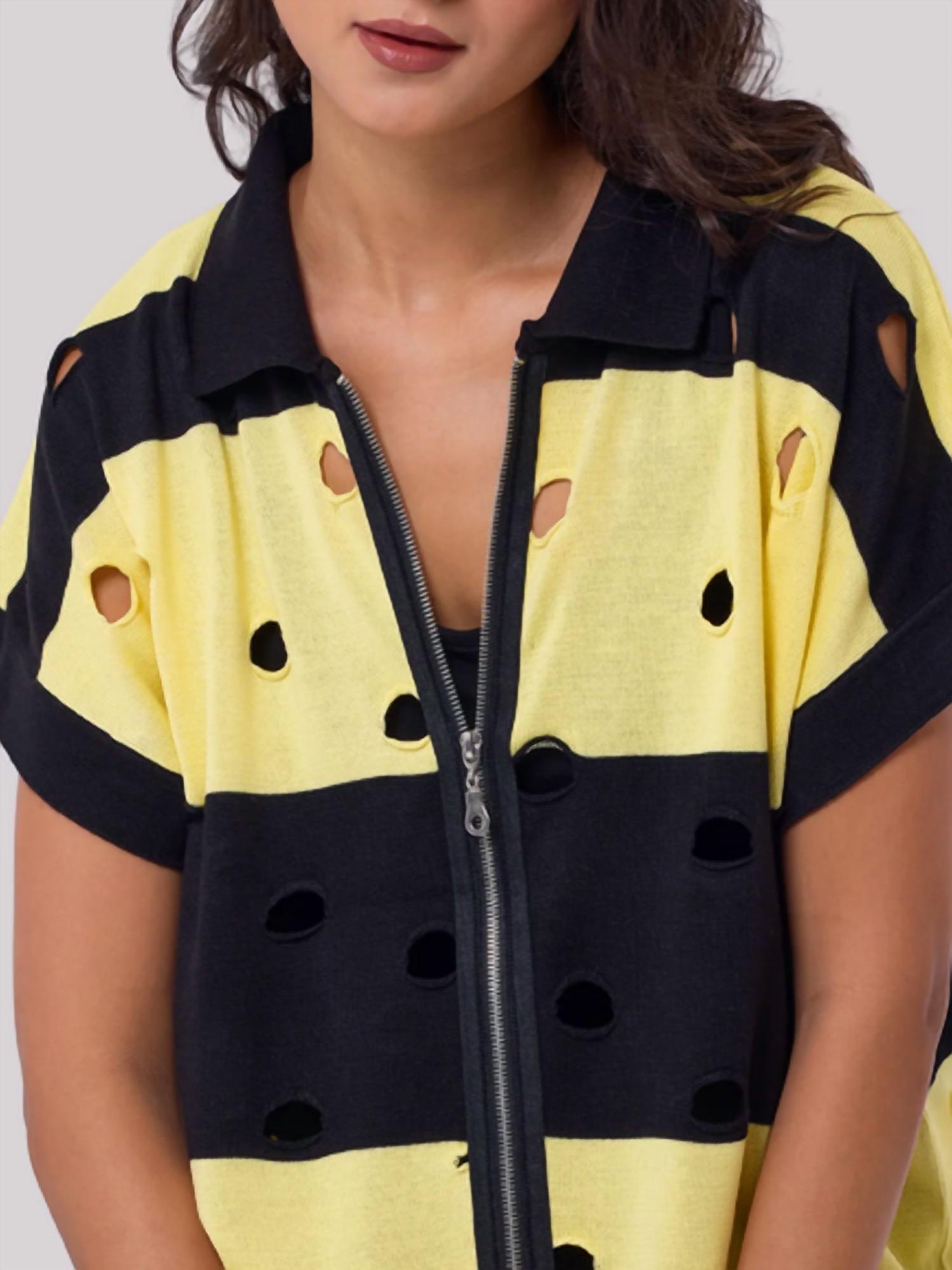 Angel Apparel - Stripe & Cut Out Knit Zip Up Top