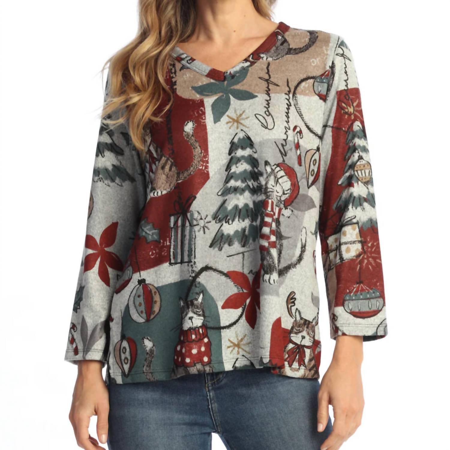 Jess & Jane - Starlight Novelty Brush V Neck Top