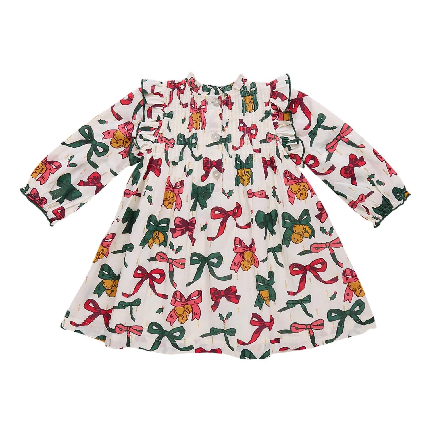 PINK CHICKEN Girl's Jaipur Dress in christmas bows and bells - kids' dress - alternate view