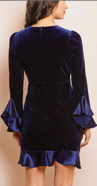 Velvet Dress with Ruffle Cuff and Hem