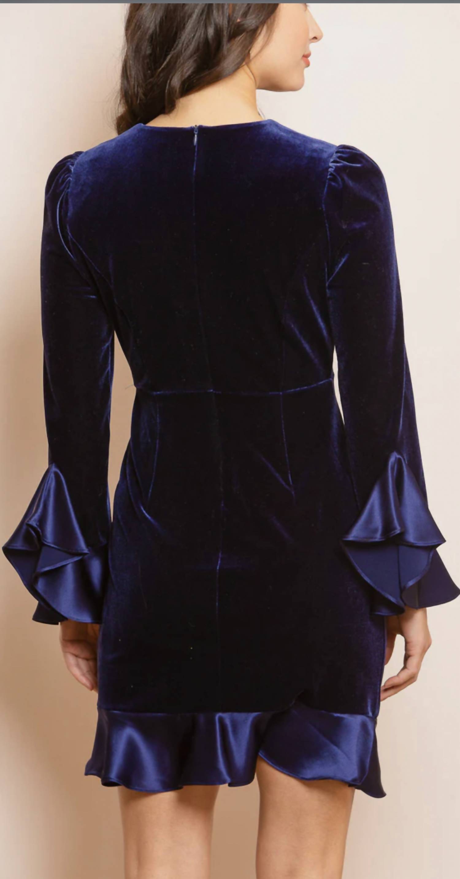 Velvet Dress with Ruffle Cuff and Hem