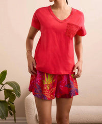 Tribal - Short Sleeve Frill V-neck Top With Ladder Tape