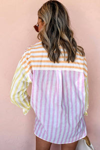 fashionworks Stripe Collar Patchwork Long Sleeve Shirt in pink - women's long sleeve top - detail view