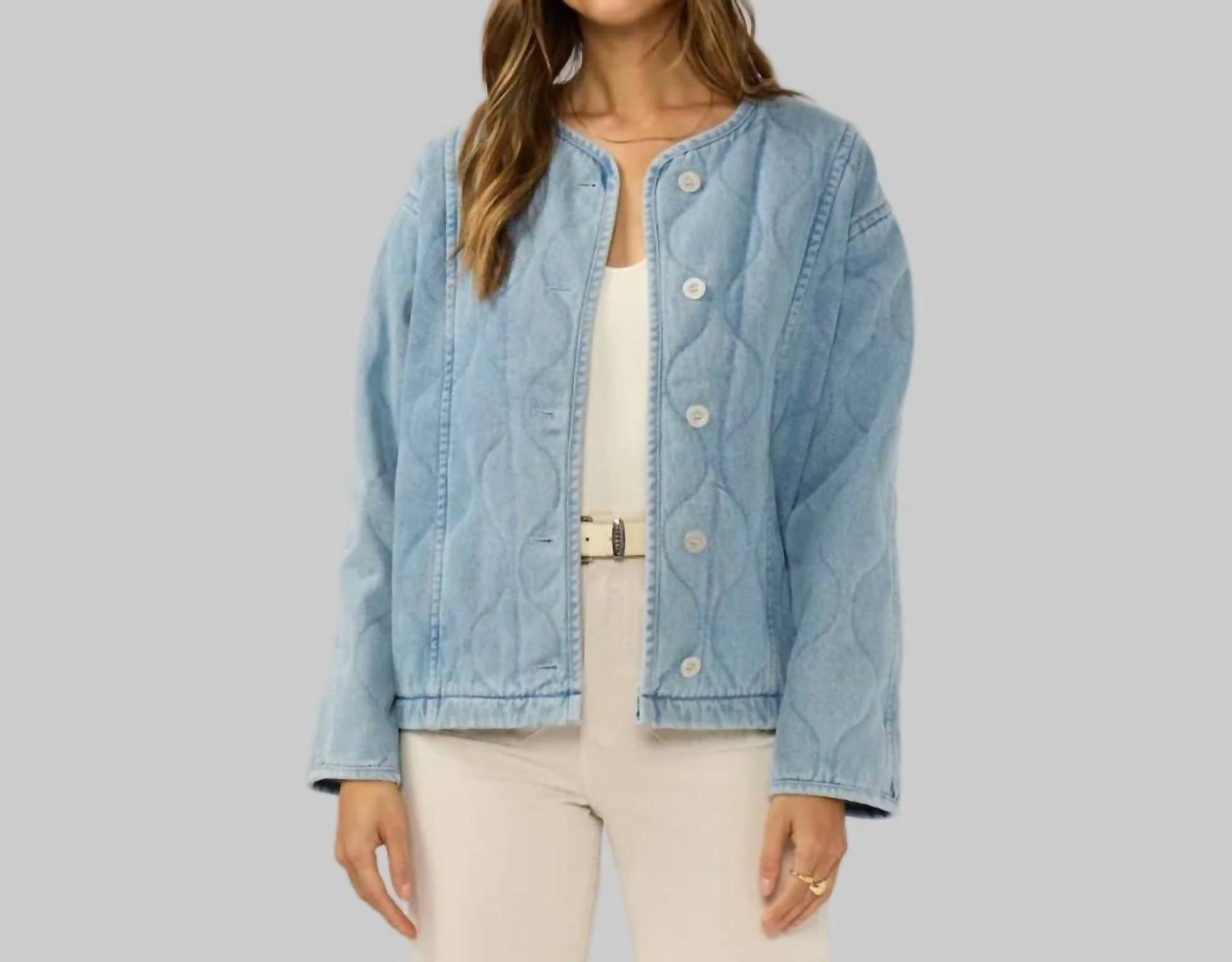 LOVESTITCH Quilted Denim Jacket With Pockets in blue - women's jacket