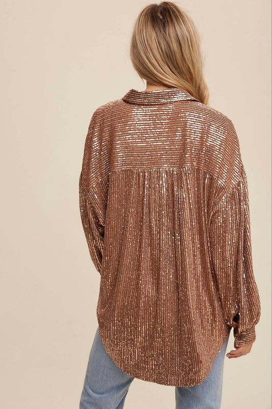 Listicle - Oversized Sequin Button Down Shirt