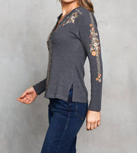 PAPARAZZI Thermal Knit Embroidered Henley Top in charcoal - women's blouse - view 4