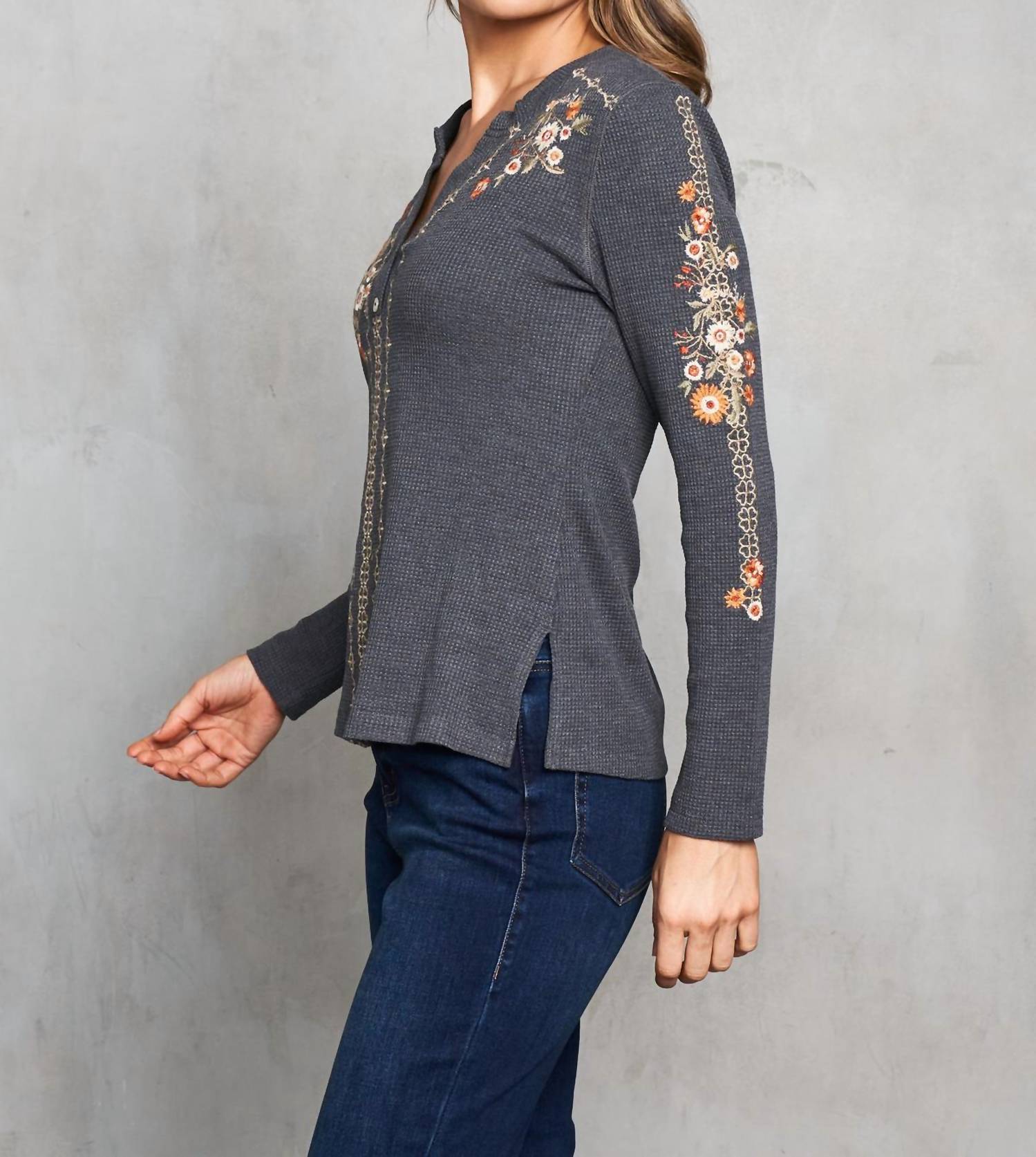 PAPARAZZI Thermal Knit Embroidered Henley Top in charcoal - women's blouse - view 4