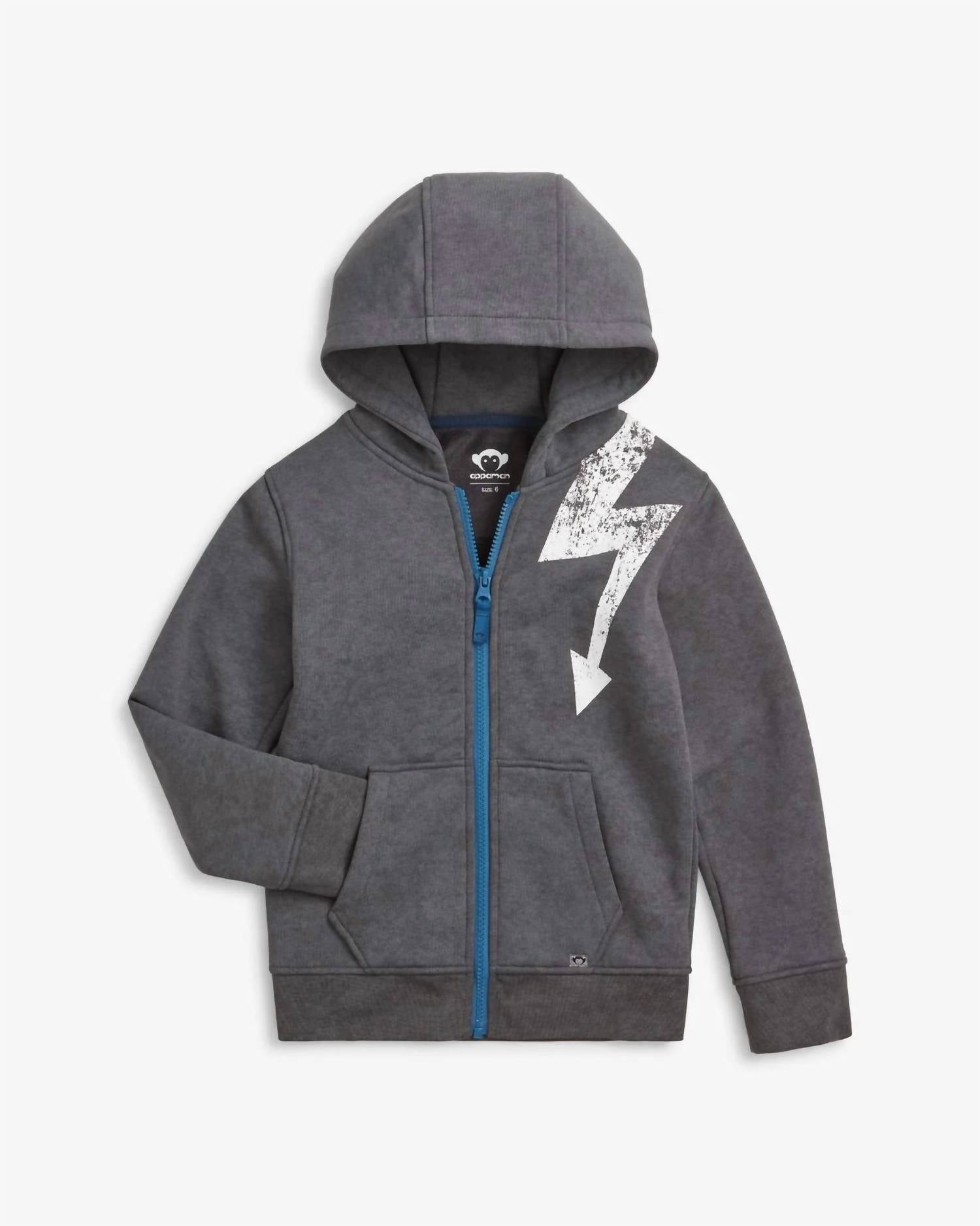 Appaman Striver Lightning Bolt Hoodie in washed grey - kids' shirt - detail view
