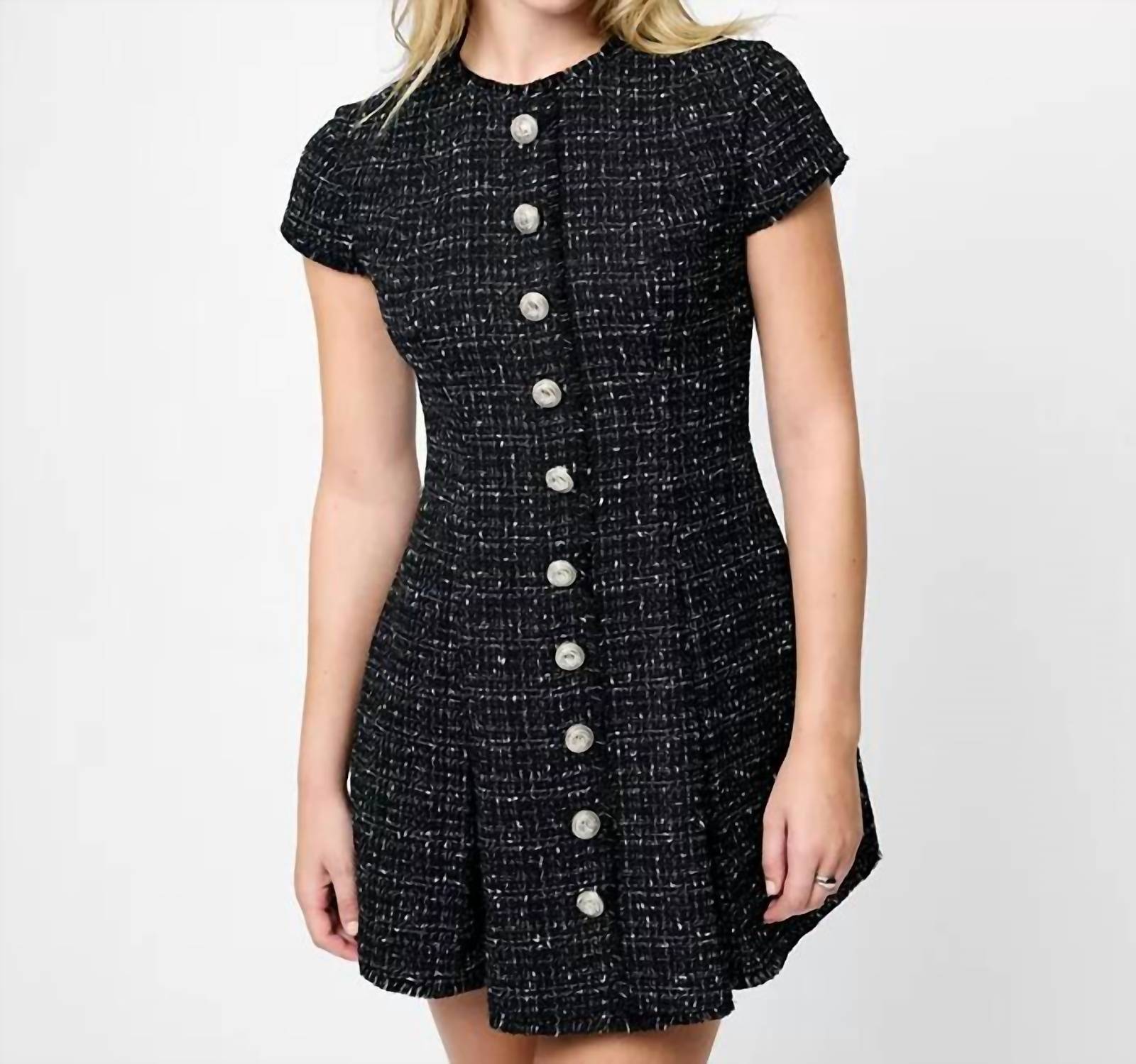 FRENCH CONNECTION Speckled Tweed Pleated Mini Dress in black white - women's dress