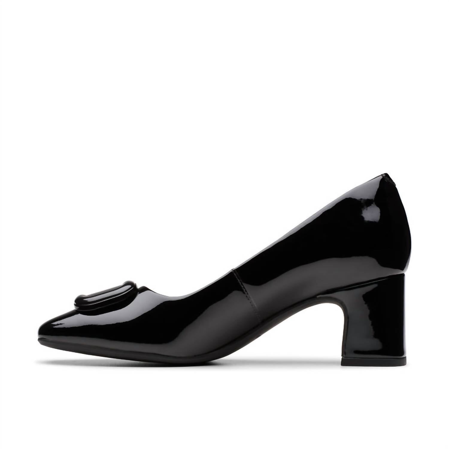 Clarks Women's Fernie Trim Block Heel in black patent - women's heels - detail view