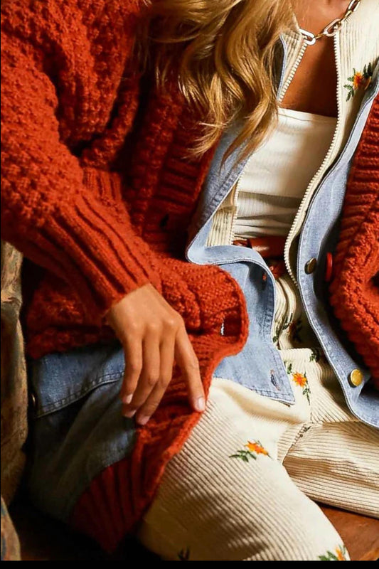 Davi & Dani - Denim Collar Chunky Sweater Cardigan
