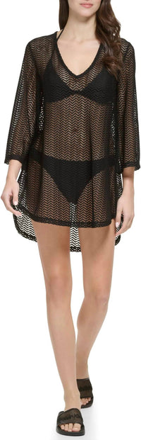 CALVIN KLEIN Swim 3/4 Sleeve Open Knit Cover Up in black - women's swimwear