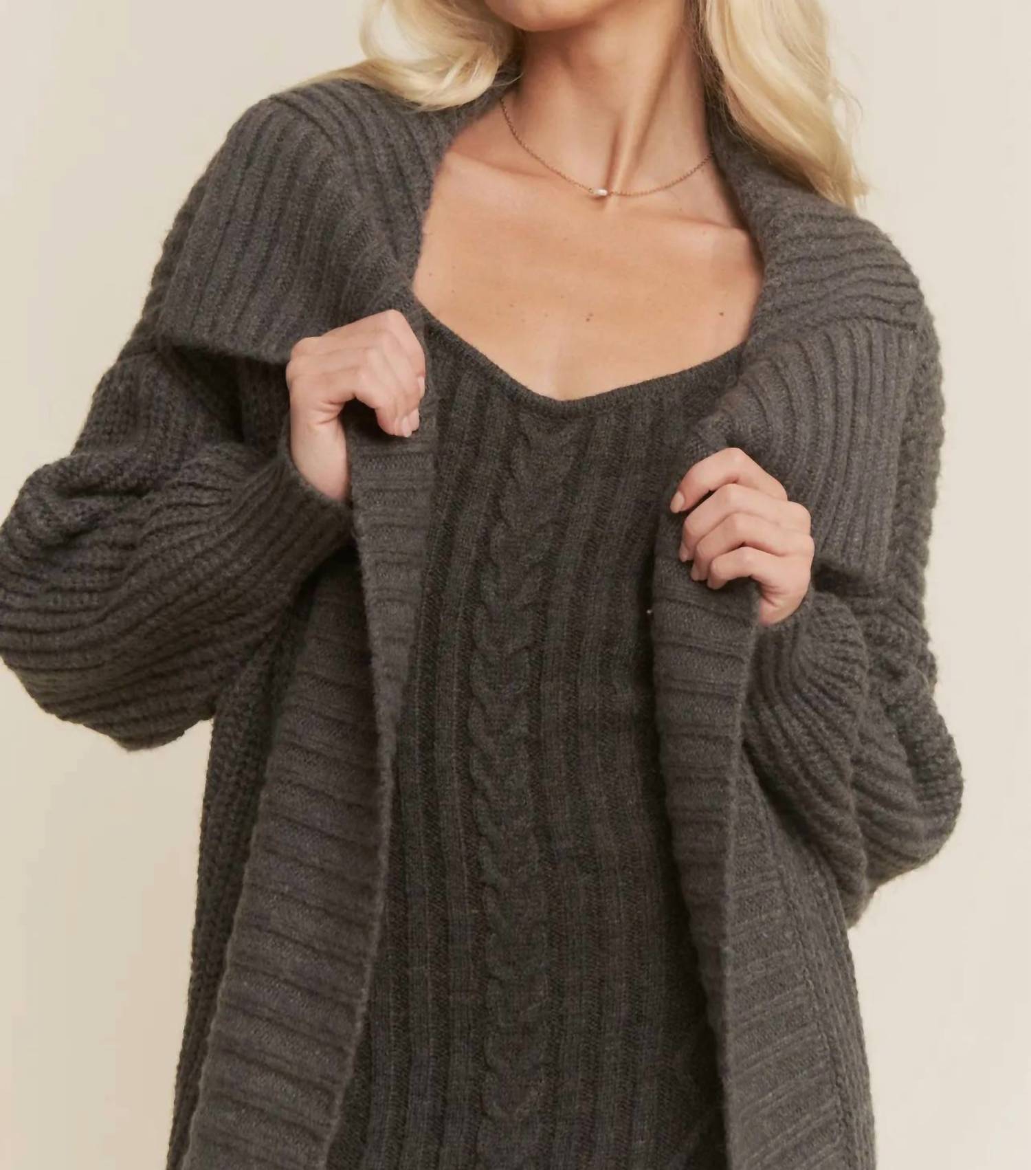 Davi & Dani - Ribbed Texture Cardigan with Matching Sweater Dress