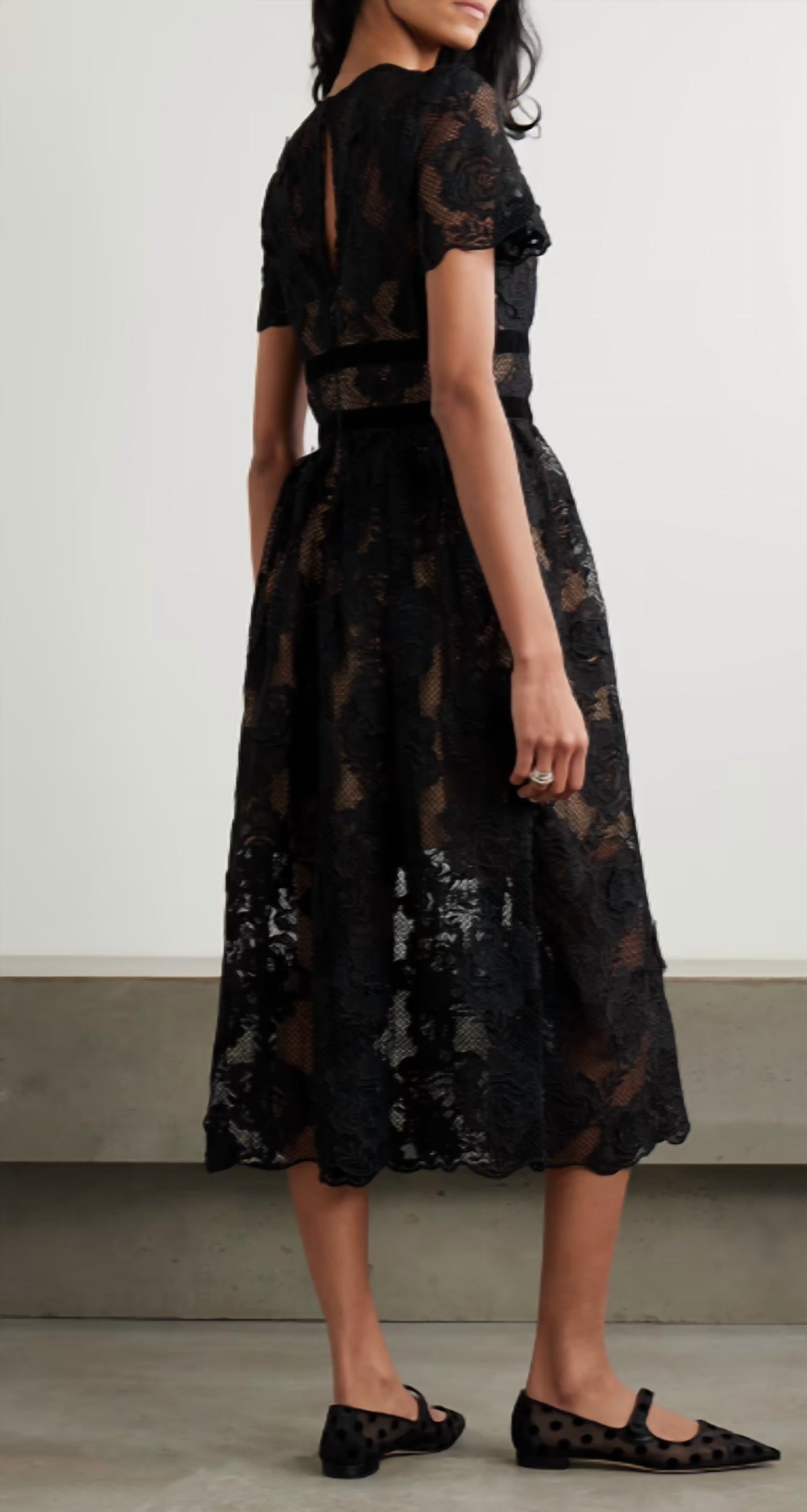 Self-Portrait - Lace Velvet Bow Midi Dress