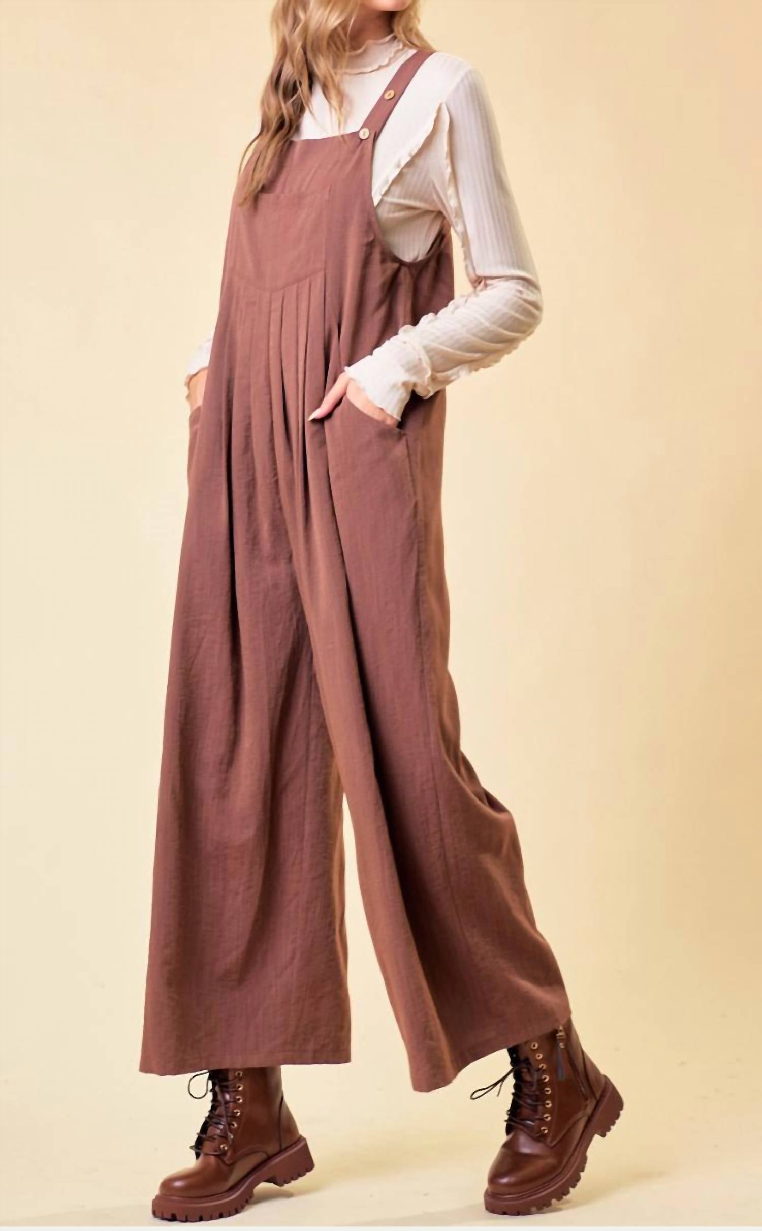 Doe and Rae Over All Wode Leg Jumpsuit in brown - women's pants - view 4