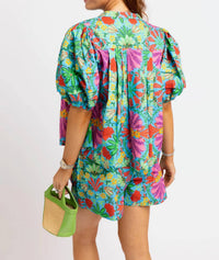 Karlie - Women's Floral Short Puff Sleeves Blouse