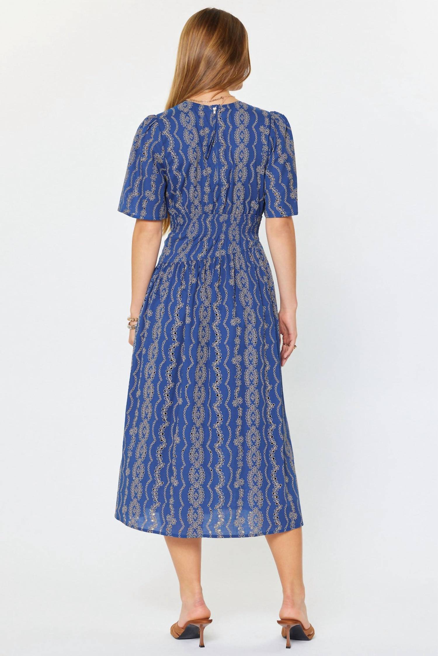 current air Embroidered Half Sleeve Maxi Dress in blue - women's dress - view 4