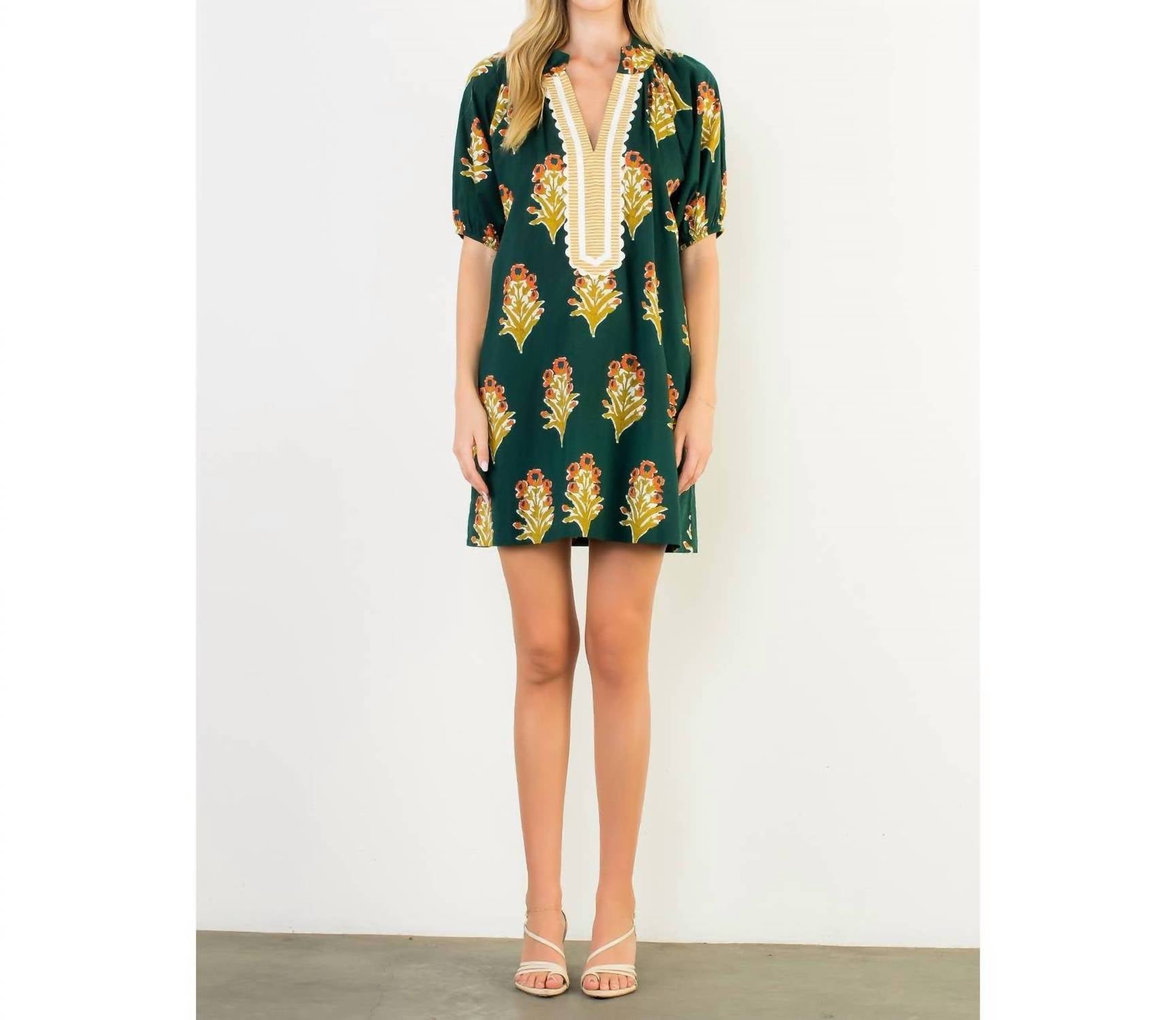 THML Floral Print V-neck Striped Detail Dress in green - women's dress - alternate view