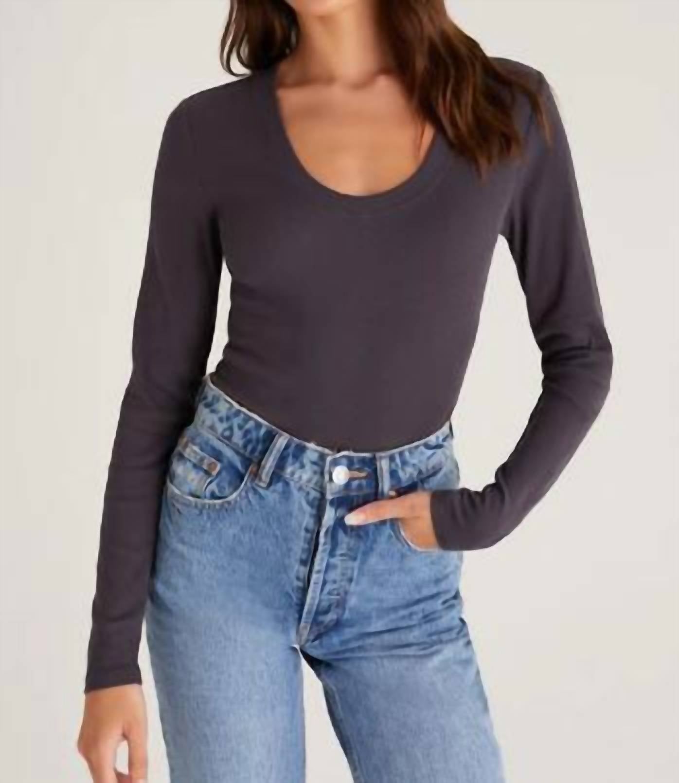 Z Supply Sirena Rib Long Sleeve Tee in shadow - women's long sleeve top