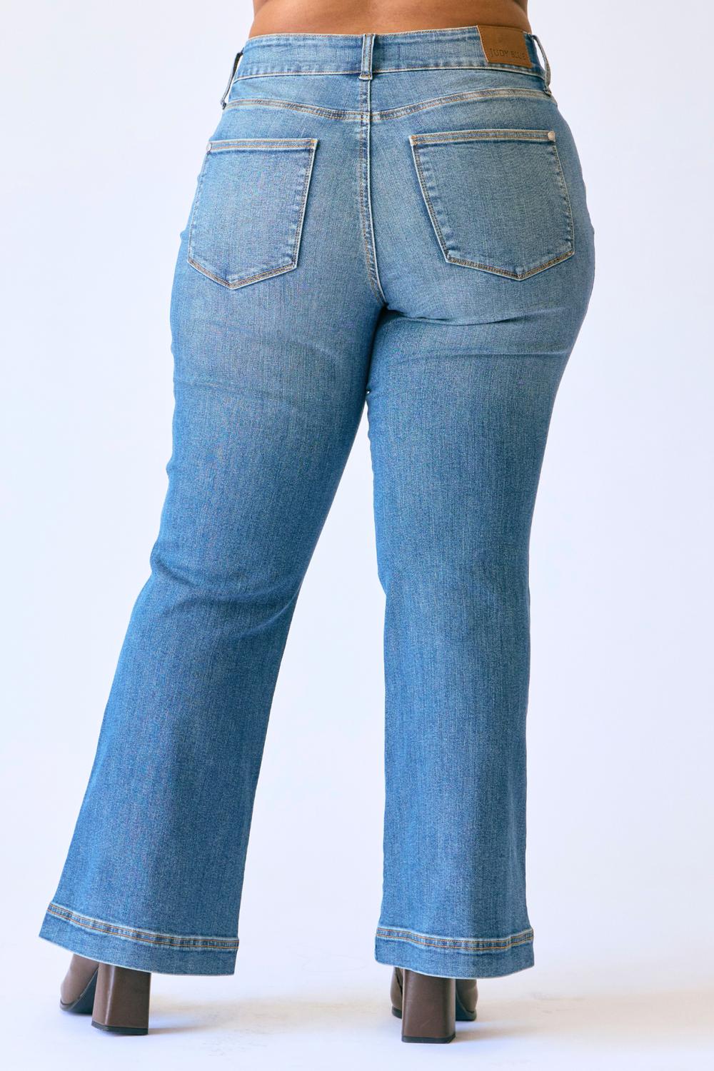 Judy Blue - Women's Tummy Control Petite Flare Double Button Waist Band Jeans