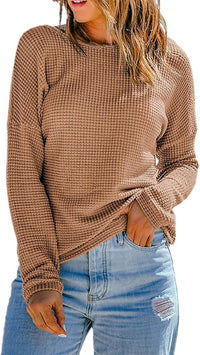 1 the Woman Waffle Knit Drop Shoulder Long Sleeve Top in apricot - women's long sleeve top