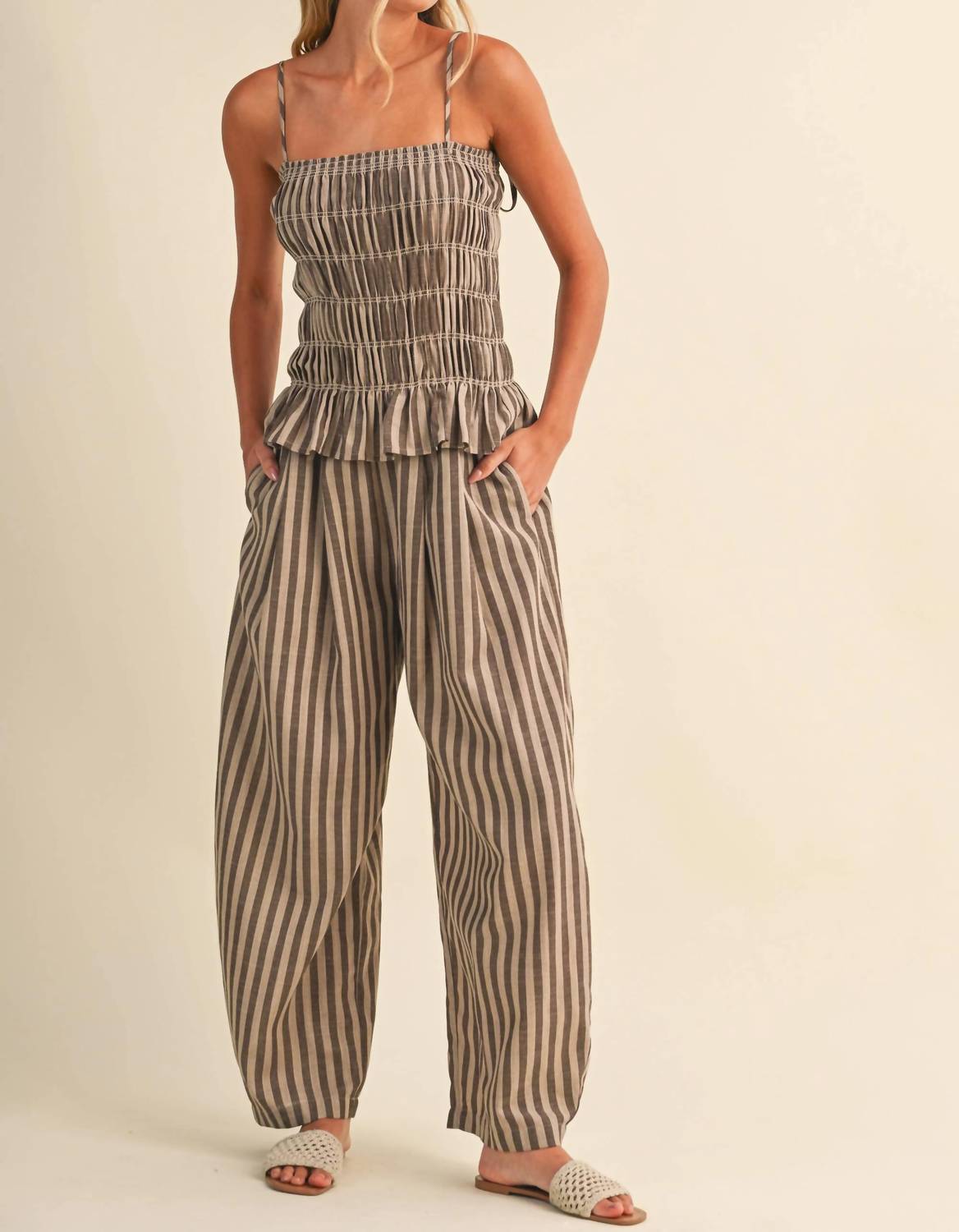 Klesis - Striped Ruffled Hem Wide Leg Jumpsuit