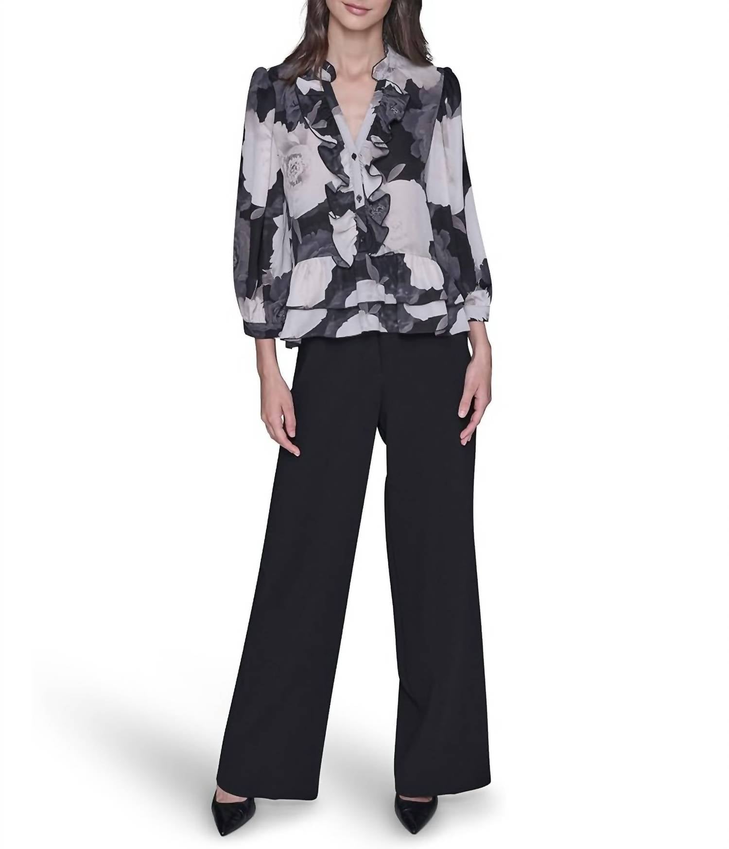Karl Lagerfeld - V-neck Floral Print Ruffle Blouse